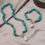 Conjunto de Colar e Pulseira em Turquesa e Pérola