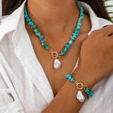 Conjunto de Colar e Pulseira em Turquesa e Pérola