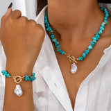 Conjunto de Colar e Pulseira em Turquesa e Pérola